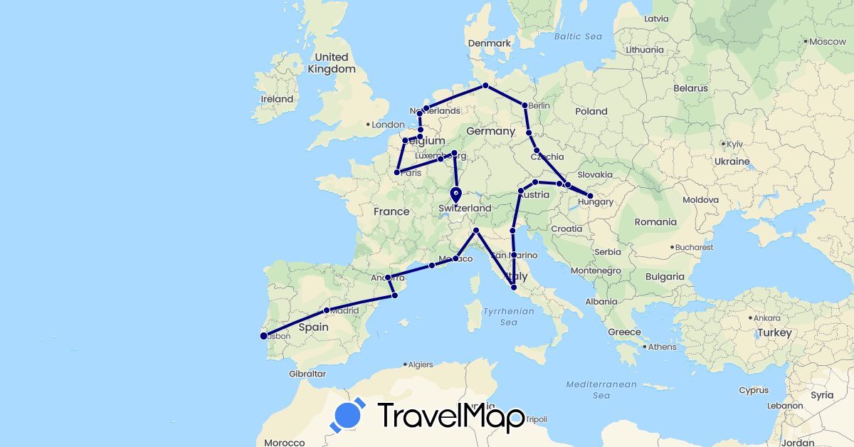 TravelMap itinerary: driving in Andorra, Austria, Belgium, Switzerland, Czech Republic, Germany, Spain, France, Hungary, Italy, Luxembourg, Monaco, Netherlands, Portugal, Slovakia, San Marino, Vatican City (Europe)